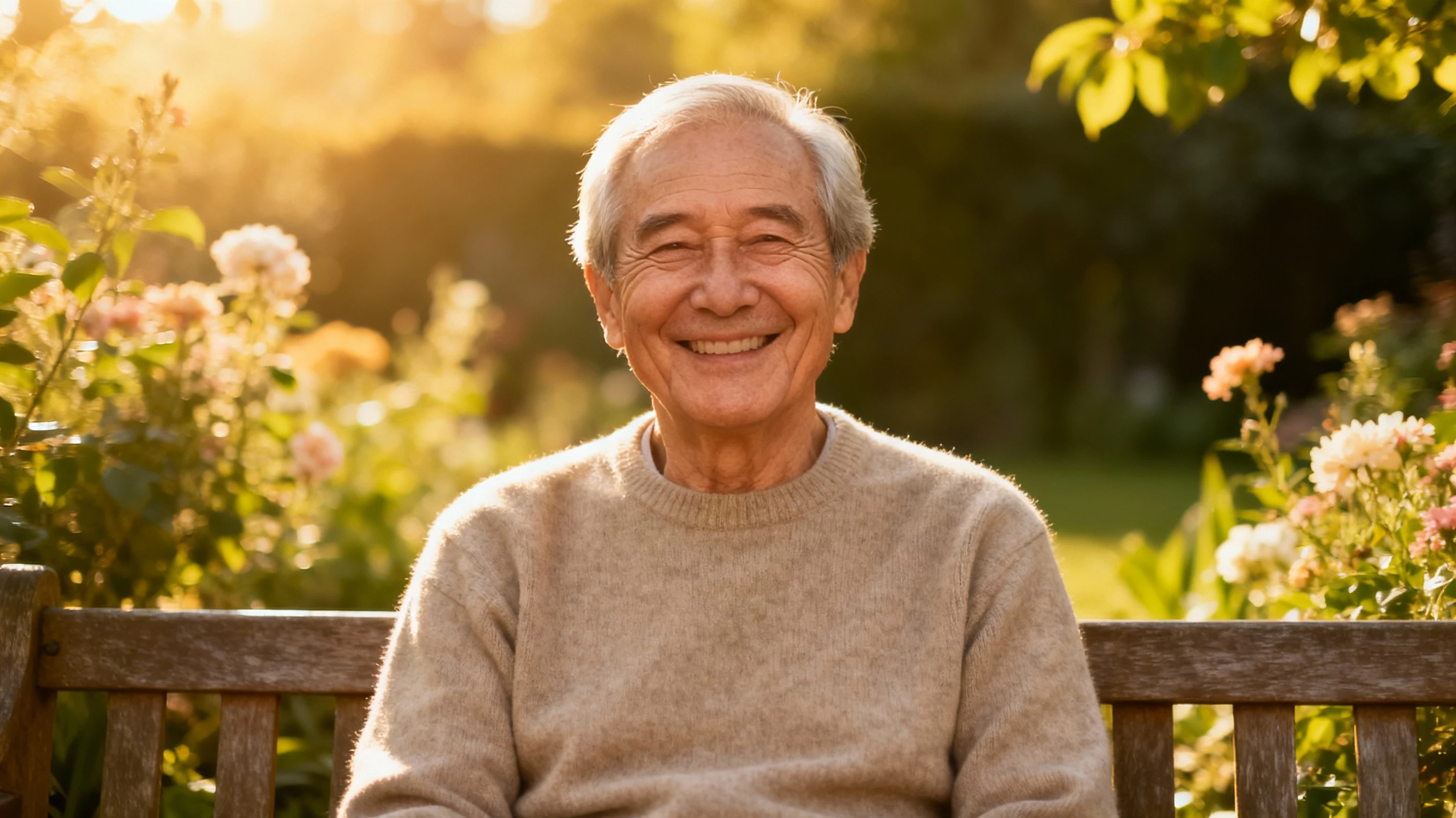 Placeholder text of a smiling senior person looking content and secure